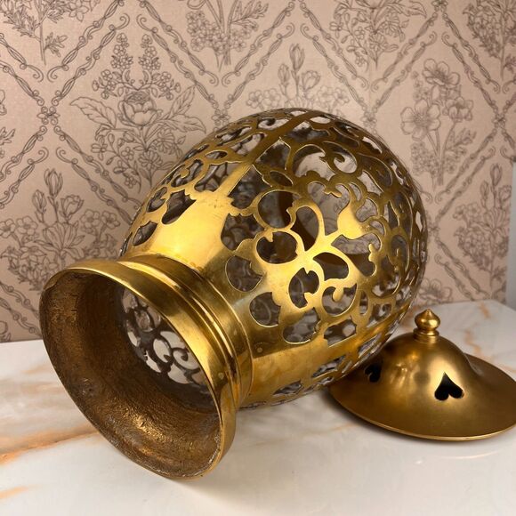 Luminary Alter Temple Jar Filigree Pattern Lid Open Bottom 13 in Metal Decor - Picture 11 of 11